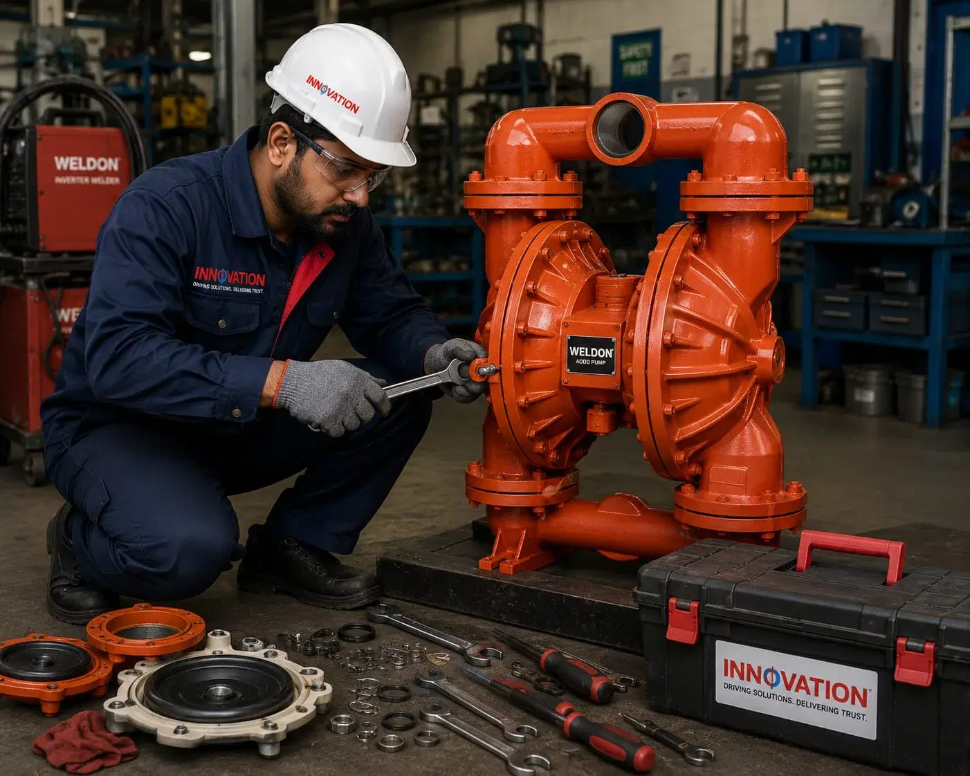 Innovation Nexus engineer overhauling a Weldon AODD diaphragm pump in the workshop